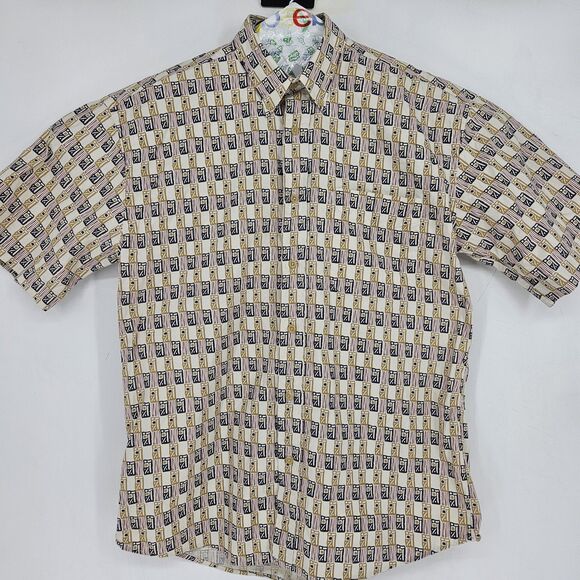 Supreme Shirt Mens Medium Tan Black Abstract Print Button Up Short Sleeve Cotton - Picture 1 of 10